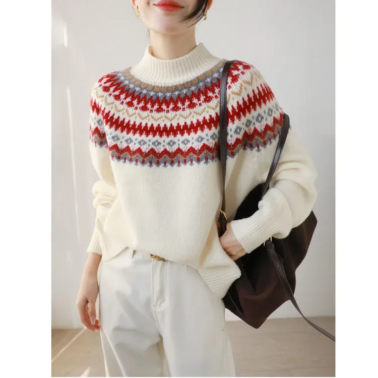 坑条半高领费尔岛全无缝一体加厚毛衣女冬长袖内搭外穿针织衫上衣