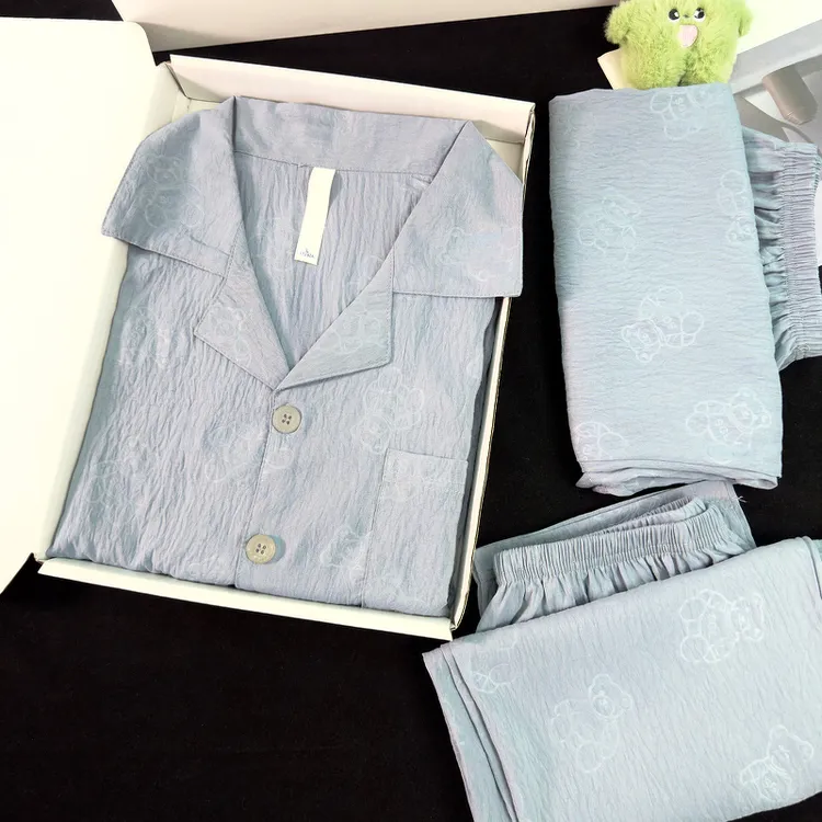 男士睡衣夏季薄款短袖长裤短裤三件套2025年浅灰轻奢高级感家居服