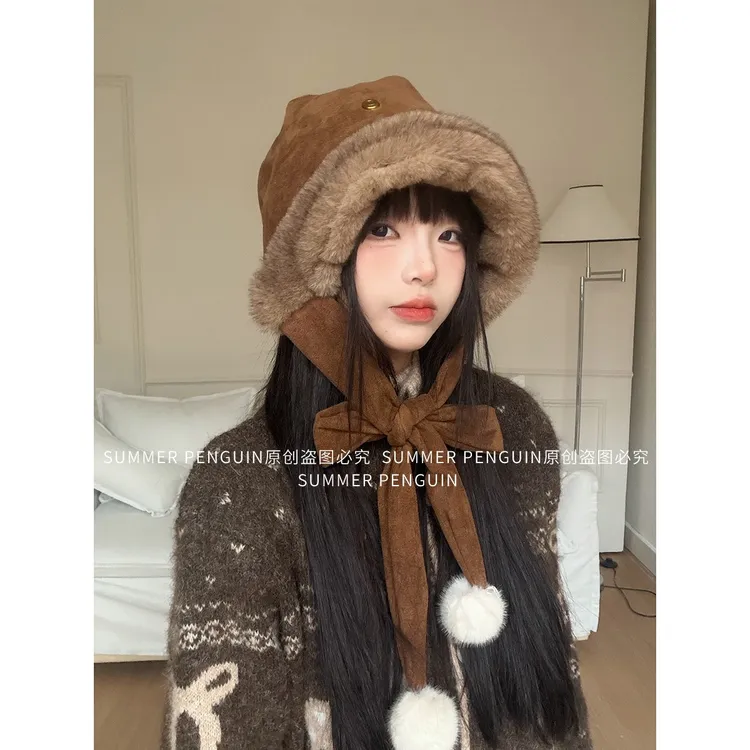 SUMMER PENGUIN加厚护耳绑带拉法帽麂皮绒秋冬保暖雷锋帽子女桶帽