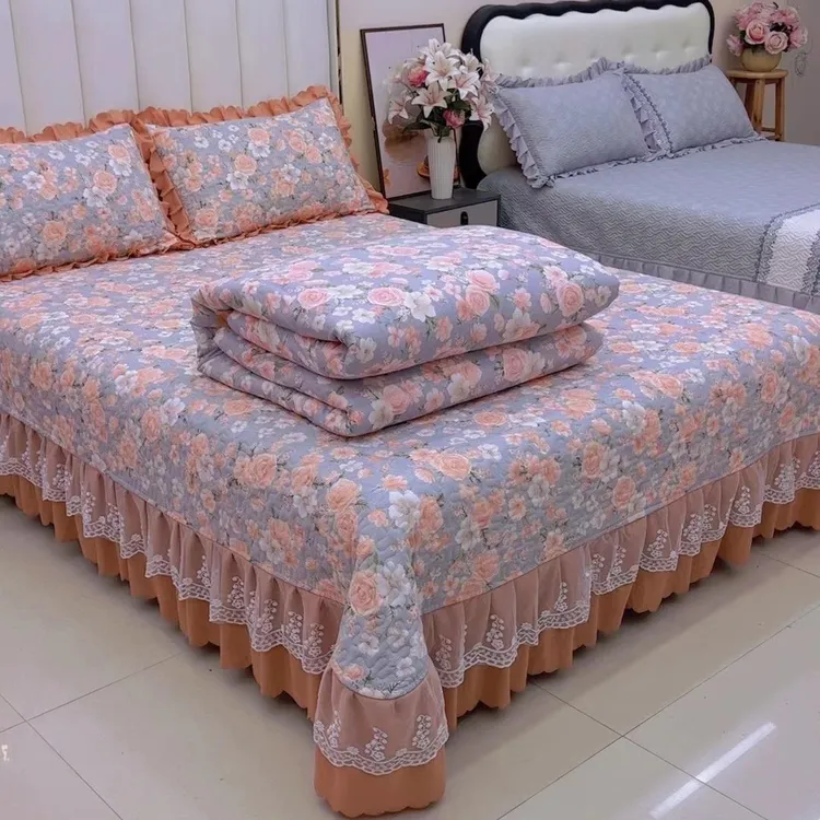 新款针织棉床盖被套四件套四季防滑床盖三件套