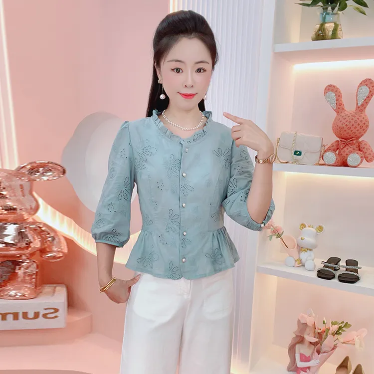 高级感休闲减龄衬衫女2025年早秋新款时尚简约遮肉七分袖开衫上衣