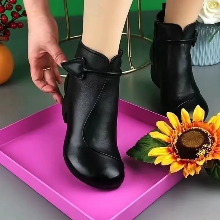 短靴复古港风英伦风棉靴圆头粗跟防滑靴子中国风时尚百搭妈妈鞋