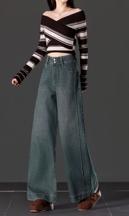 阔腿微喇牛仔裤女秋冬季新款高腰显瘦大码宽松高级感拖地裤