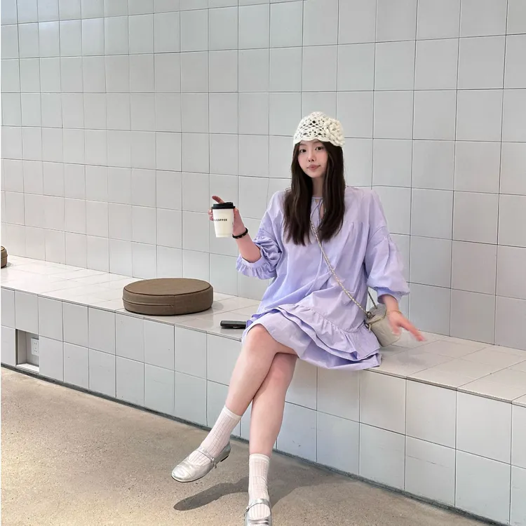 晶咕【甜心派对】休闲百搭宽松韩版小众圆领绑带开口娃娃裙