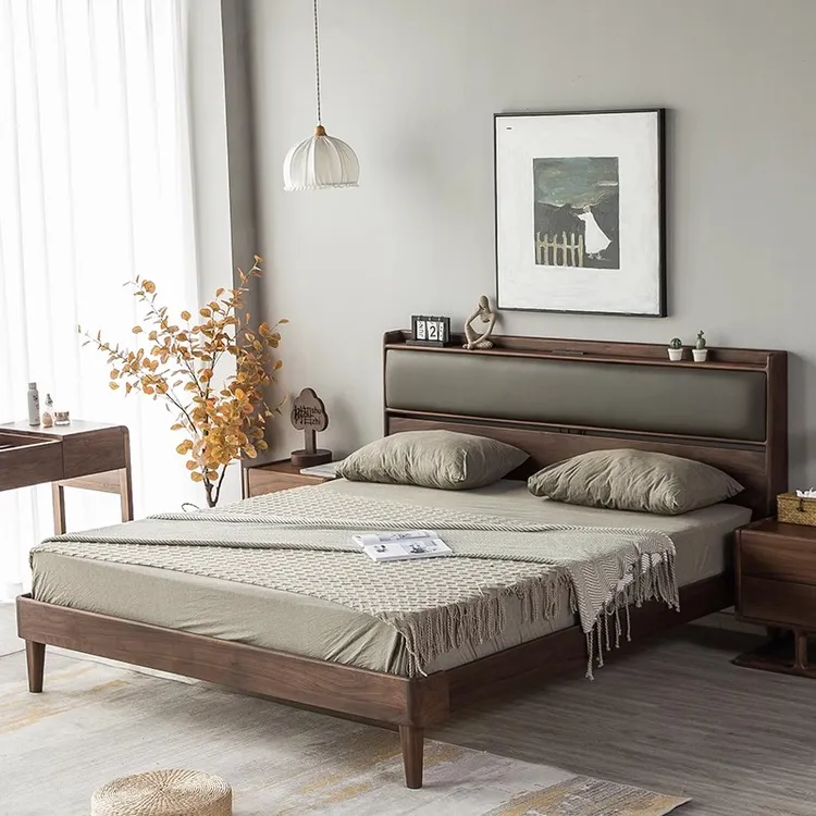 北欧简约北美黑胡桃木实木床真皮软靠意式轻奢现代主卧原木双人床