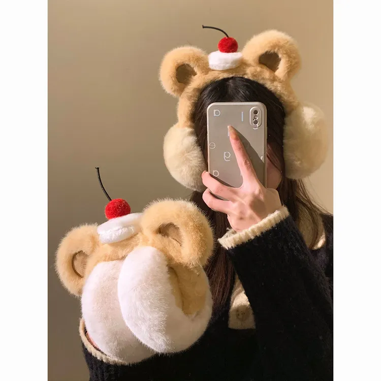 可爱蛋糕黄油小熊毛绒耳罩女冬加厚骑行保暖耳套耳暖耳包耳捂子J