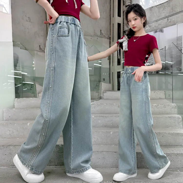 女童裤子2025新款春秋装洋气儿童中大童钉珠牛仔裤秋季宽松阔腿裤
