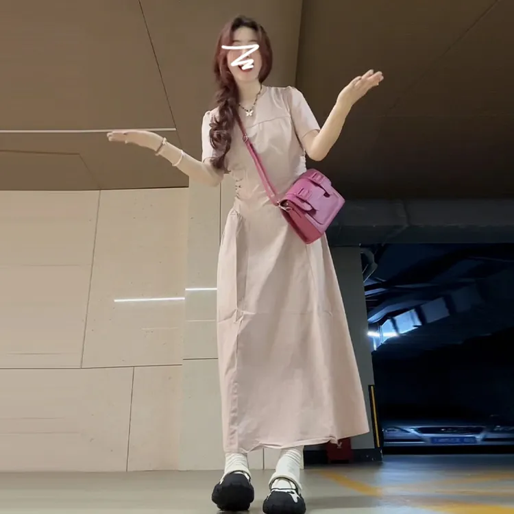 3376法式粉色褶皱短袖连衣裙女夏季海边度假棉麻收腰a字显瘦裙子