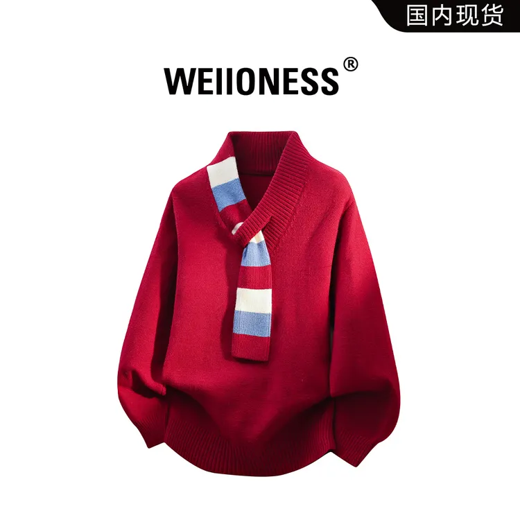 WEIIONESS围巾领针织衫男春季红色本命年时尚毛衣轻奢潮流男装