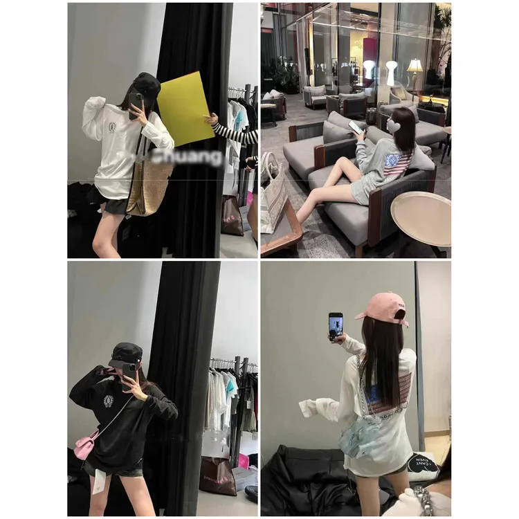 （有运险）1212-秋2025新款长袖T恤女宽松印花中长款百搭圆领打底衫