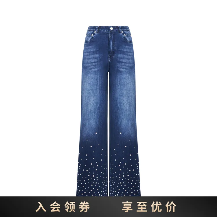 ANN ANDELMAN 高腰女直筒裤钉珠厚款常规牛仔裤蓝色宽松