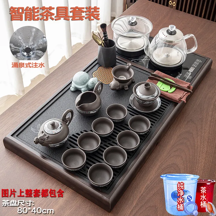全自动一体双玻璃烧水壶底上水功夫茶具套装家用客厅带实木石茶盘