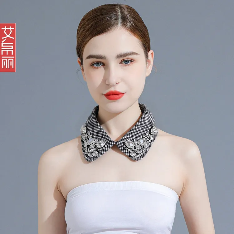 千鸟格手工钉珠假领子女春秋假衬衫领百搭装饰上衣小假领欧美衬衣