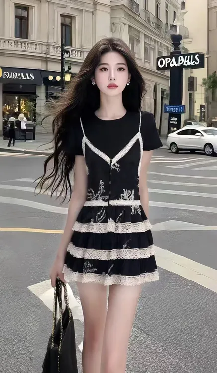 夏季新款2025黑色圆领修身短袖收腰连衣裙女小众设计时尚气质女装