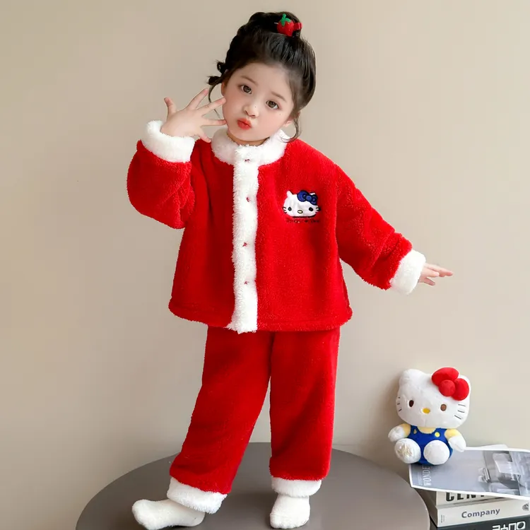 女童秋冬睡衣儿童女宝宝2025新款冬洋气红色喜庆雪肤绒家居服套装