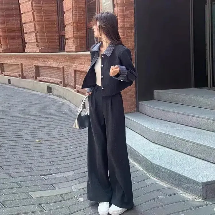 时尚套装女2025春秋新款洋气显瘦减龄设计感长袖外套阔腿裤两件套