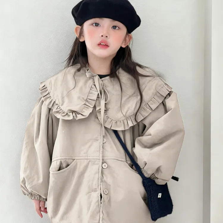 女童森系加棉加绒外套中大童中长款洋气韩版娃娃领可拆卸儿童宝宝