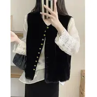 L胸100-106长53绒扣单排扣蕾丝拼接无袖丝绒叠穿马夹上衣 2338