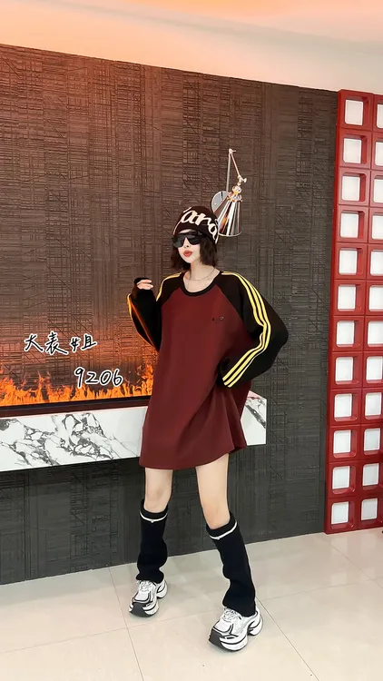 9206大码插肩长袖卫衣女秋季巨好看的胖mm慵懒风中长款遮屁股上衣