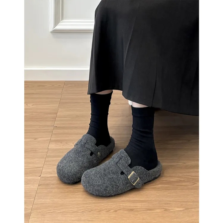 羊皮版~厚底复古加绒一脚蹬懒人毛毛鞋女冬包头半拖鞋勃肯鞋棉鞋