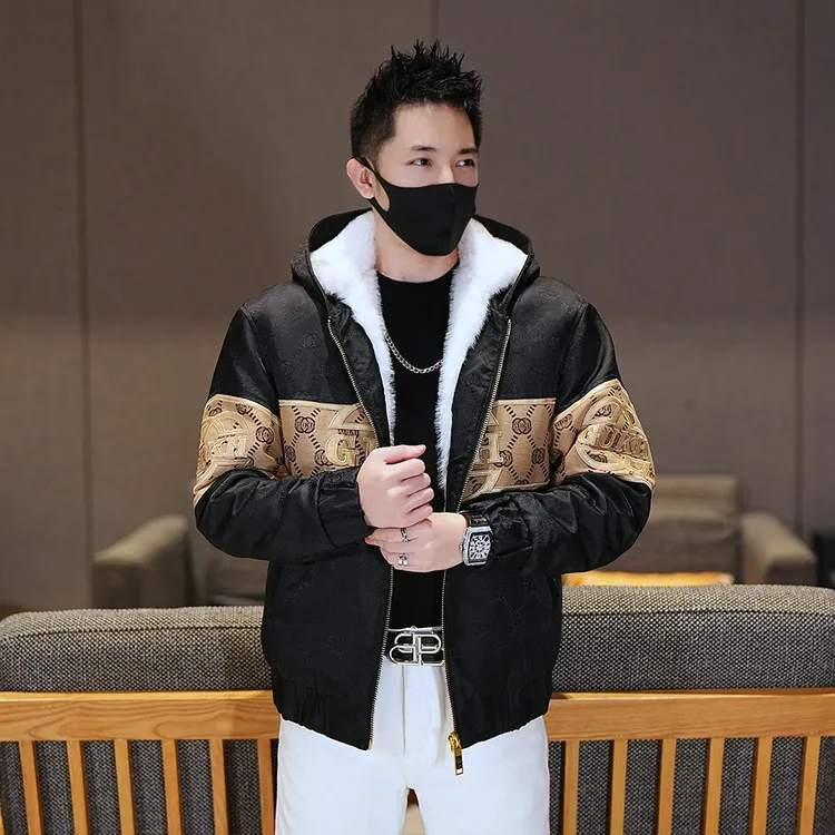 秋冬新款加厚保暖连帽夹克男士时尚休闲字母提花加绒外套