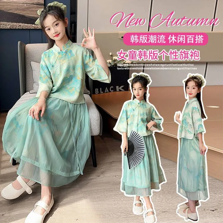 儿童洋气汉服2025夏季复古中国风女童古风中式套装民国风时尚衣服