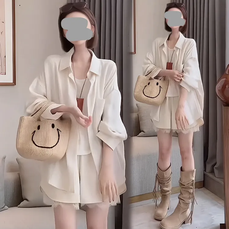 2025夏季气质减龄宽松显瘦防晒衬衫外套百搭蕾丝短裤套装女