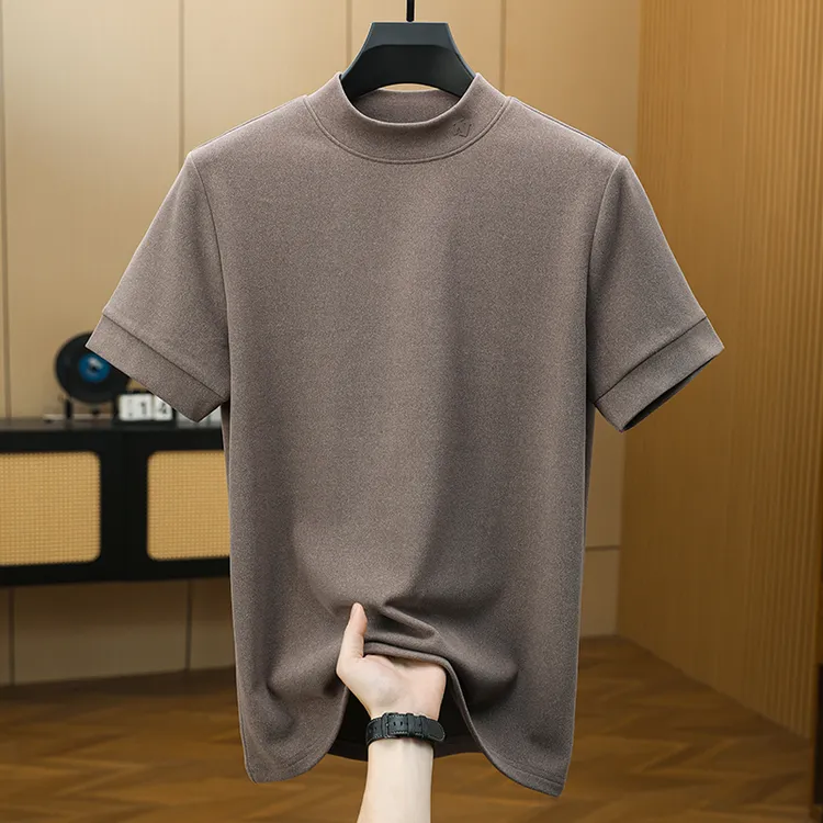 石墨烯半高领保暖短袖打底衫中领纯色内搭双面绒上衣秋冬男士T恤