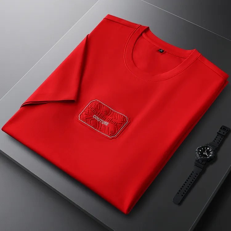 轻奢本命年红色t恤男夏季薄款休闲短袖男时尚压花烫钻男士半袖衫