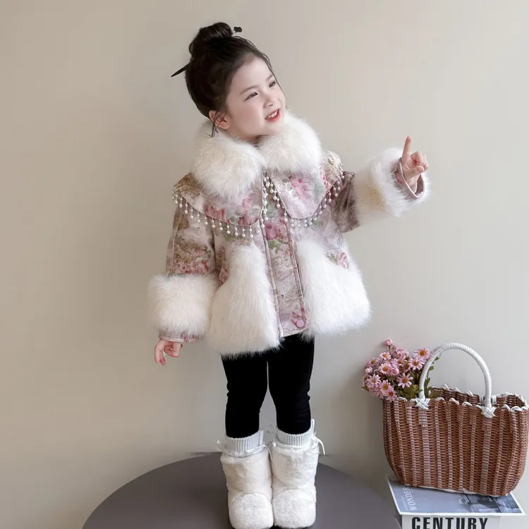 女童外套加绒加厚秋冬季2025新款洋气儿童小女孩中式国风毛毛上衣