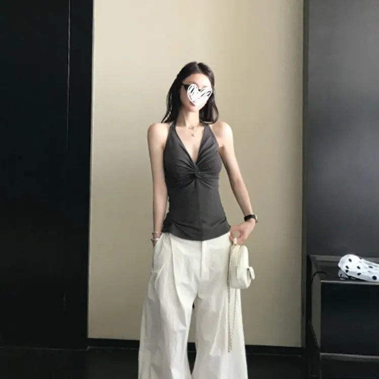 韩版辣妹绑带褶皱显身材2025年夏季新款显瘦欧若风吊带百搭女上衣