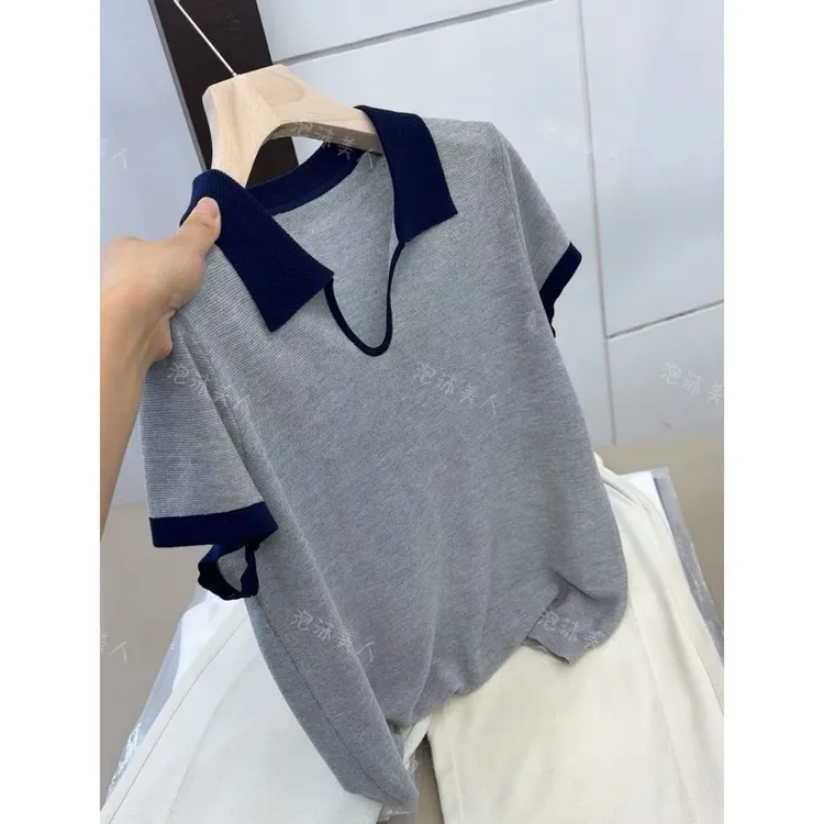 高级雾灰polo」气质显瘦遮肉夏季百搭必备短袖针织衫女夏25新款 57