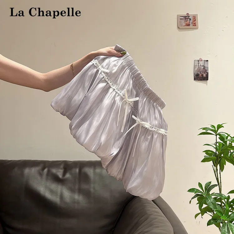 拉夏贝尔公主风超火紫色松紧腰花苞短裙女夏季蕾丝蝴蝶结气质裤裙