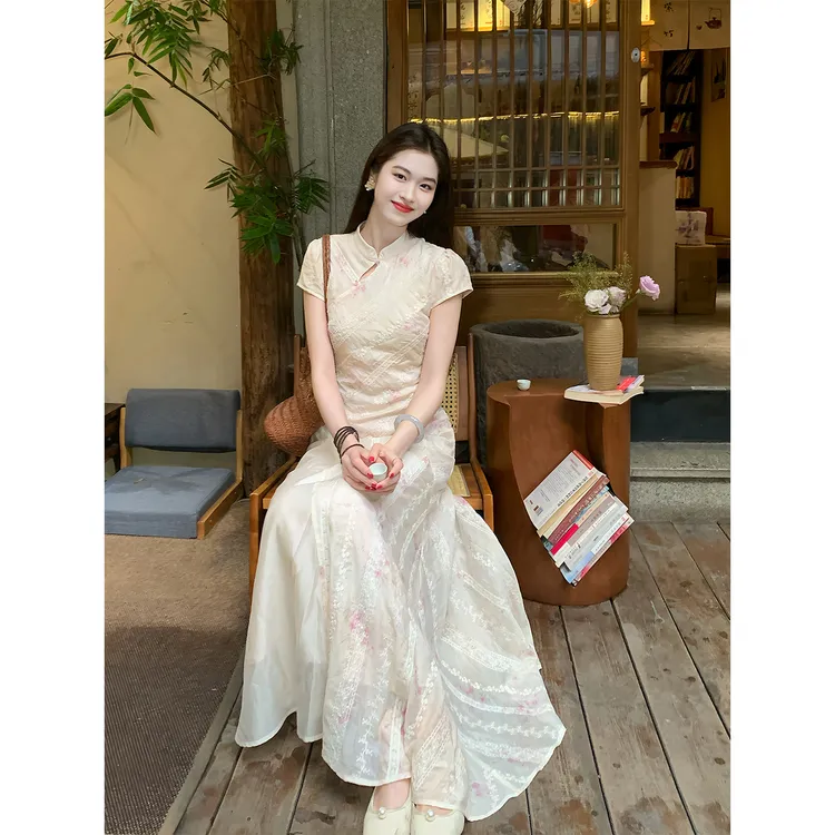凌茜恣禾【粉黛】国风新中式温婉大气高级感收腰显瘦法式旗袍连衣裙