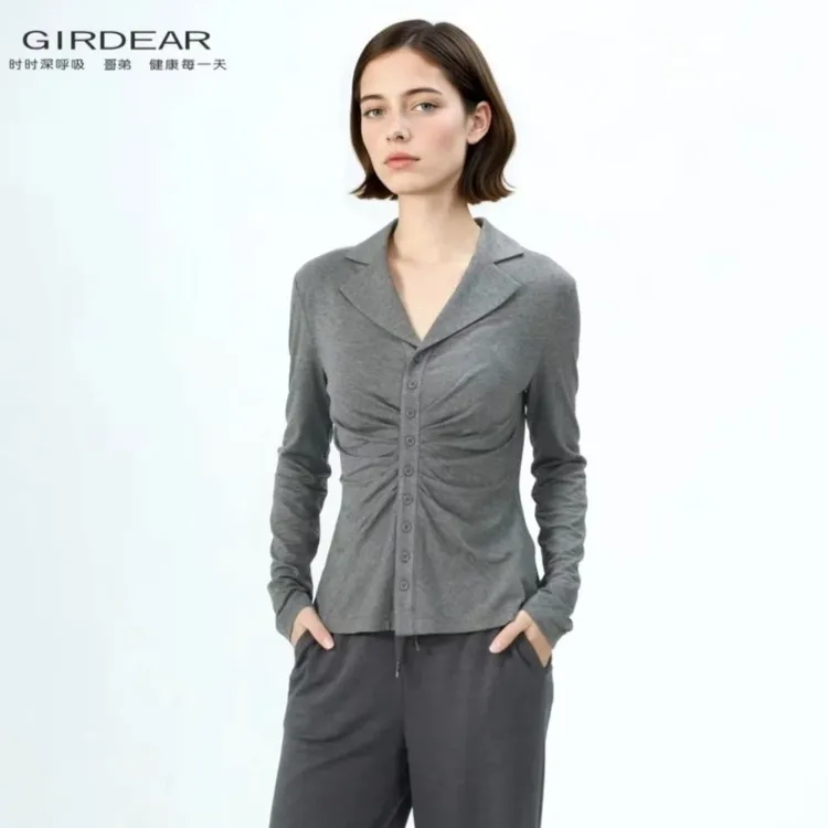 GIRDEAR/哥弟显瘦长袖时尚V领收腰捏褶设计感开衫女士衬衫130097