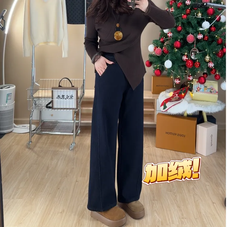 小个子牛仔裤高腰加绒百搭直筒显瘦阔腿裤时尚2025年冬季新款女装
