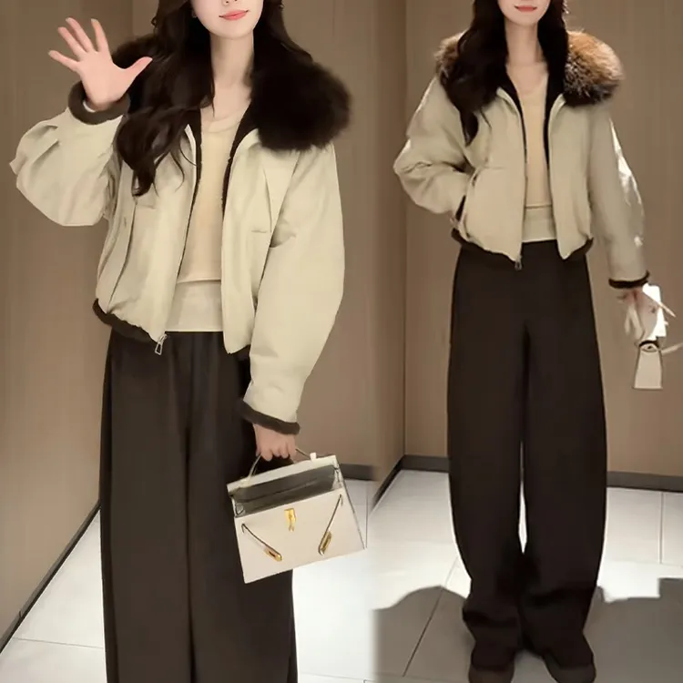 时尚撞色翻领短外套女2025冬季韩系新款毛领加厚时尚保暖上衣穿搭