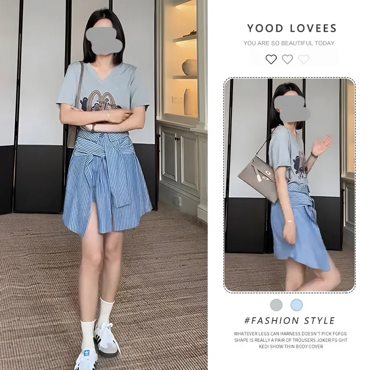 印花短袖不规则短裙套装女2025夏圆领卡通背心T恤+条纹短裤两件套