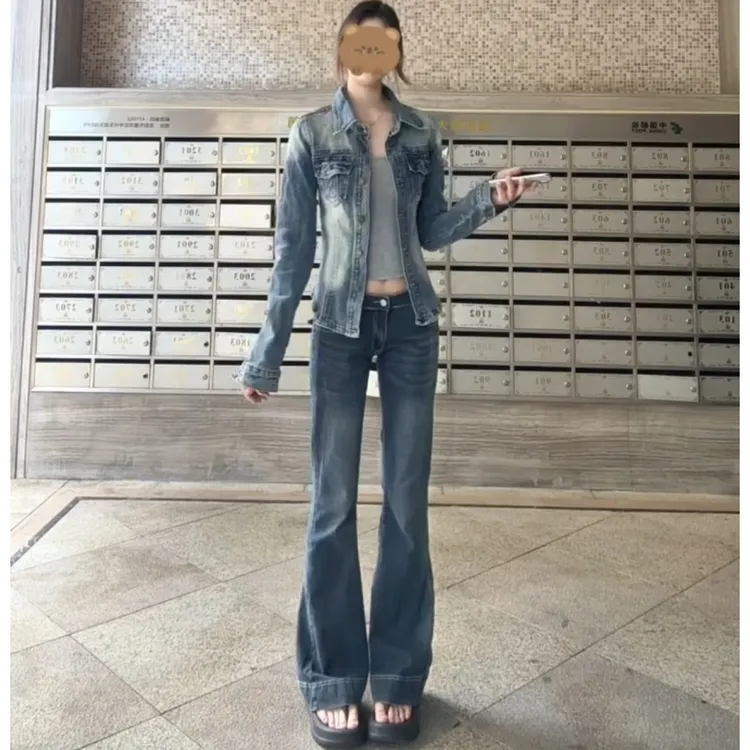 易梦玲同款美式低腰微喇叭牛仔裤女秋季新款显瘦高个子弹力拖地裤