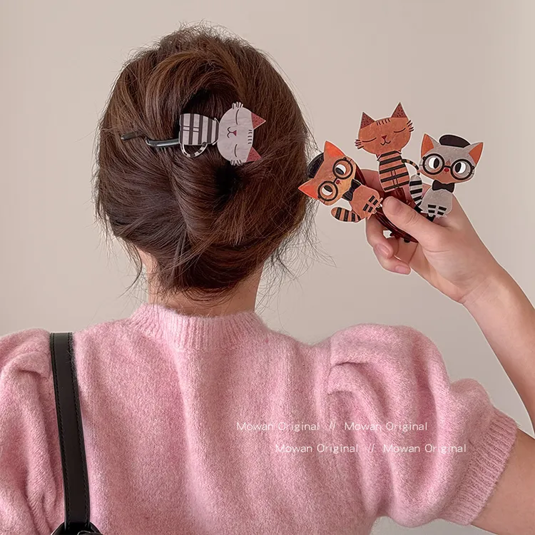 萌趣可爱猫咪发夹女后脑勺盘发一字夹高级感发卡扭扭夹子发卡头饰