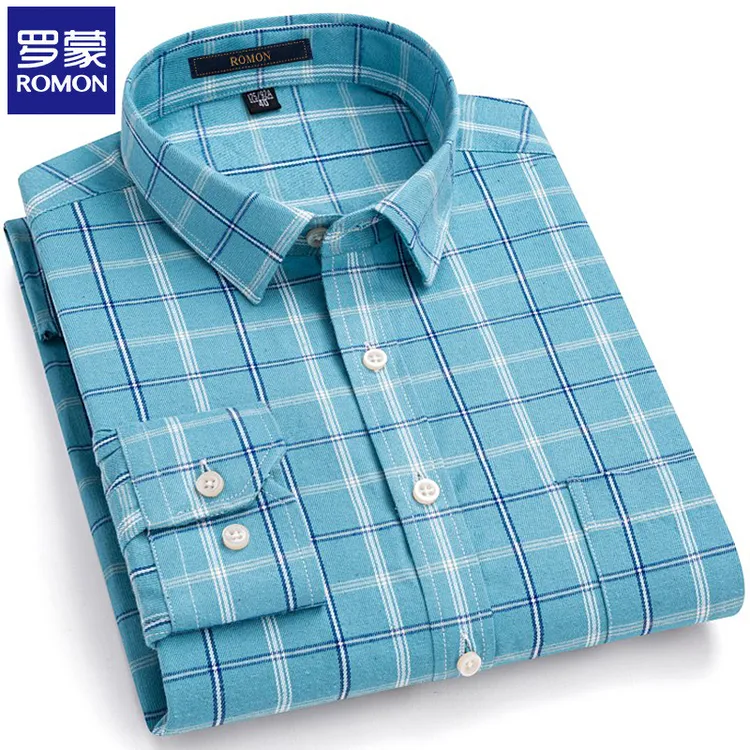 罗蒙100%纯棉衬衫长袖男士商务休闲衬衣春秋款高档磨毛中青年男装