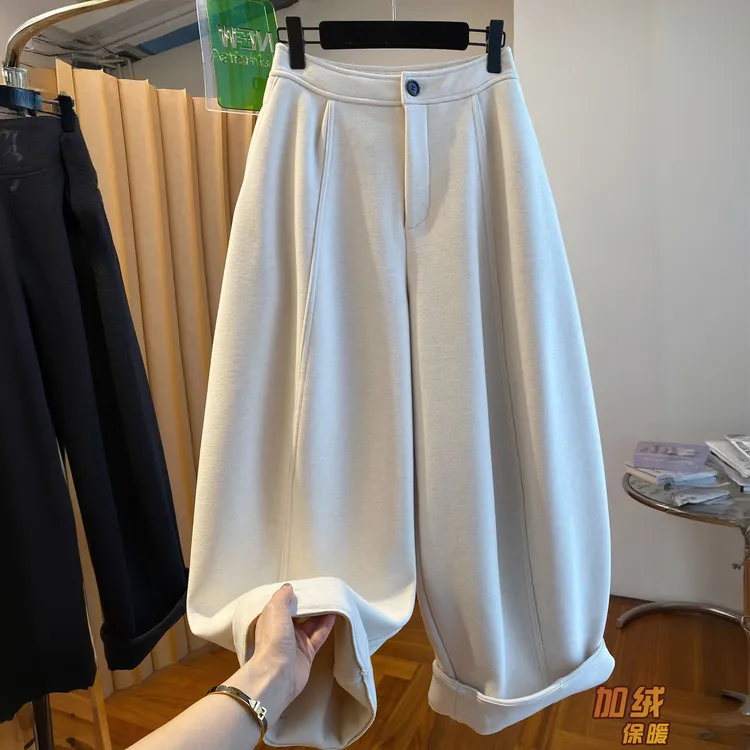 高级感米白色加厚加绒阔腿裤女冬季2025新款宽松休闲直筒裤长裤子