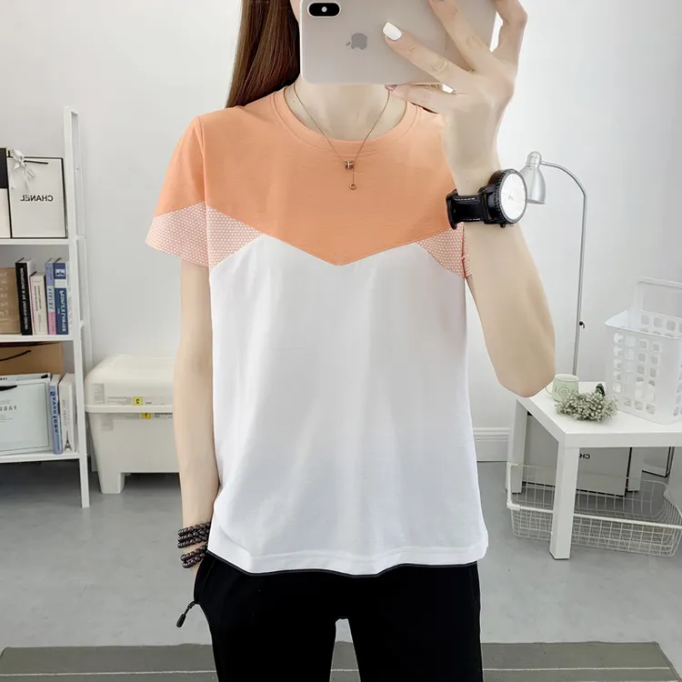 圆领户外短袖拼色速干衣女轻薄透气吸湿排汗跑步健身弹力休闲T恤