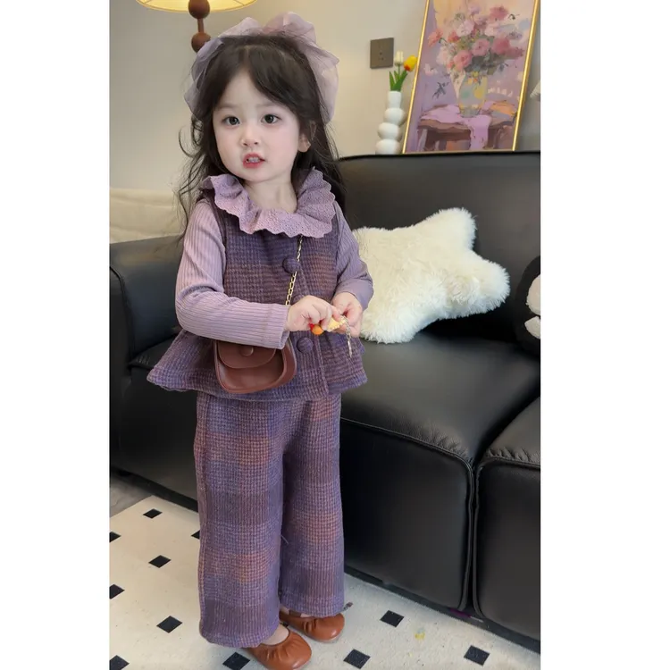 女童春装套装2025新款洋气超好看紫色韩版儿童春秋款女宝宝三件套