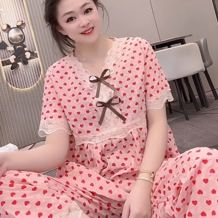 网红爆款春夏季睡衣家居服韩版格子蕾丝宽松舒适可外穿高档两件套