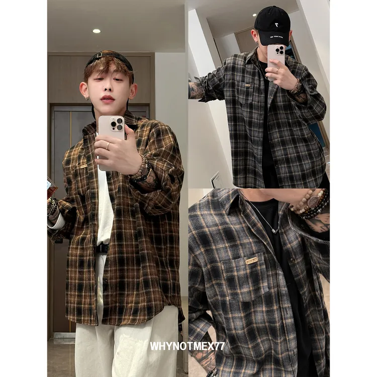 【秋季氛围感的神】扎染格子长袖衬衫慵懒风复古cleanfit秋季新款