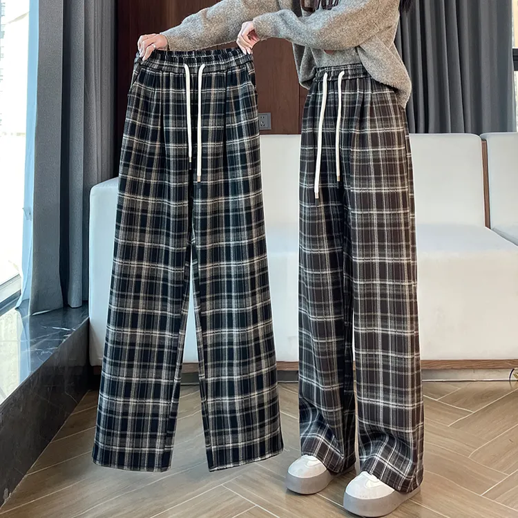 809格子裤女窄版阔腿裤2025新款秋季复古高腰裤子格纹休闲直筒裤