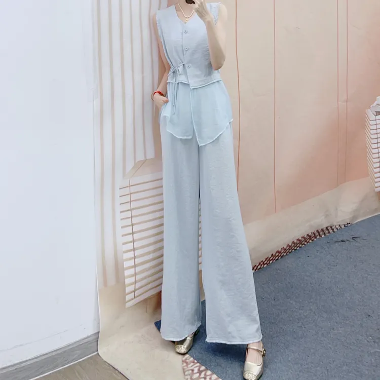 2025年夏季新品时尚气质通勤开扣上衣+直筒阔腿裤两件套套裤860