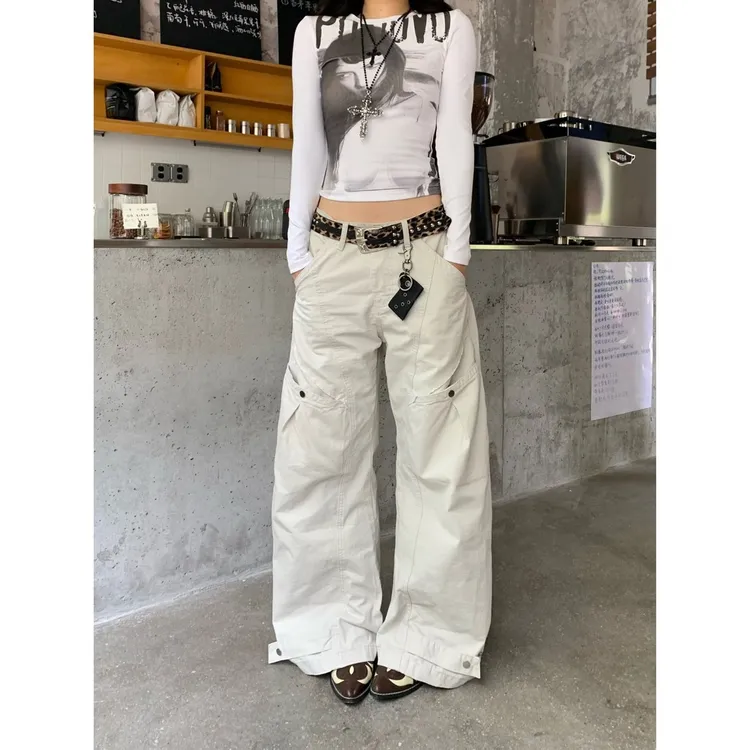 秋季新款美式复古多袋设计感弯刀男女廓形宽松阔腿休闲长裤工装裤