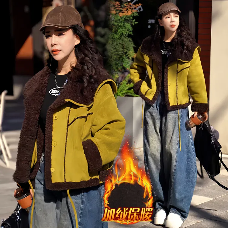 欧货高端气质大翻领短外套女2025年冬季新款加厚保暖百搭开衫上衣